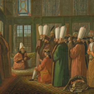 The Grand Vizier Giving Audience to the English Ambassador in a windowed room.