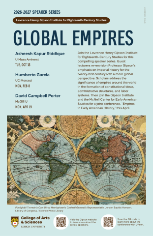 A blue flyer with Global Empires as the title and a picture of a 18th century map.