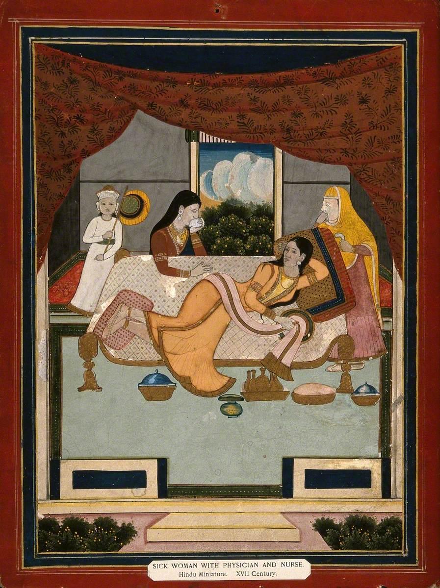 Detail of A Physician and Nurse Attending a Sick Patient and Her Servant, unknown artist, watercolor on paper, image credit: Wellcome Collection