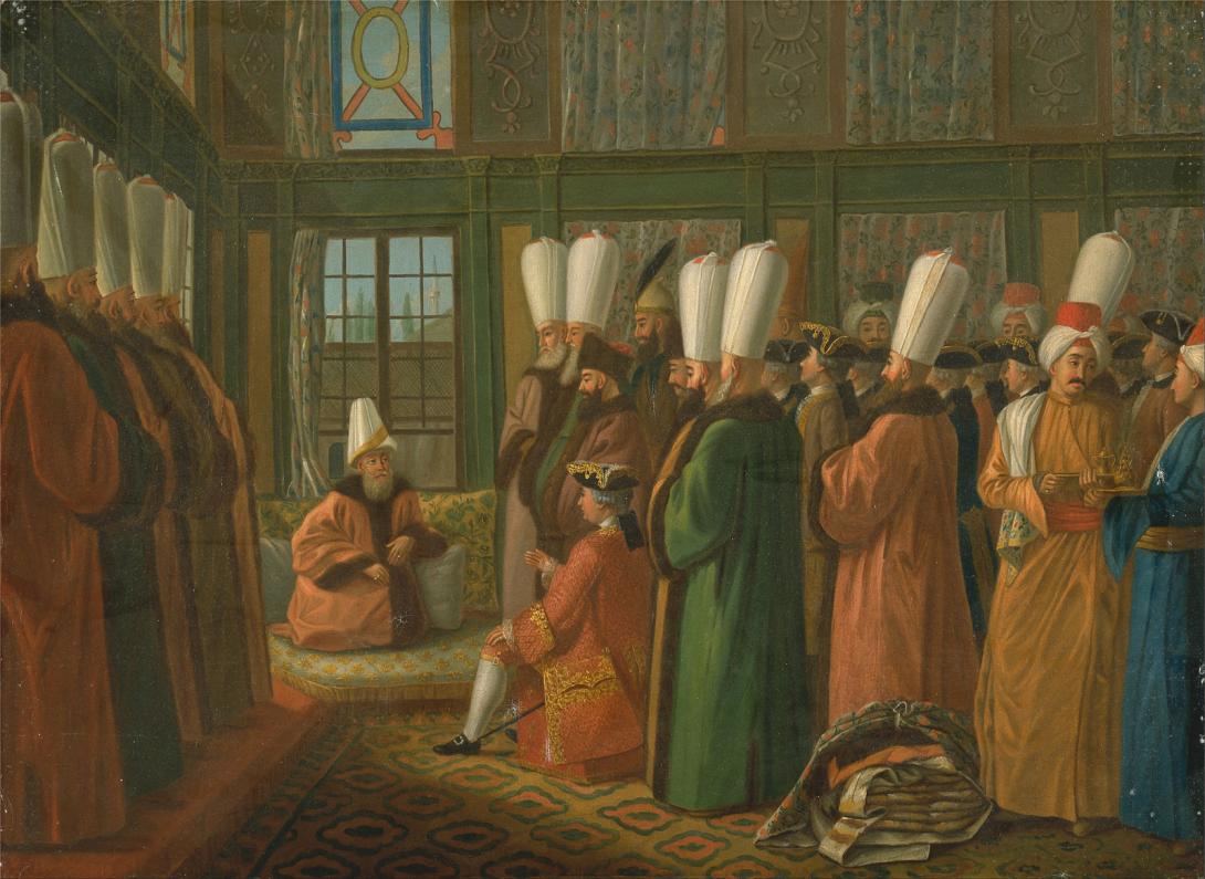 The Grand Vizier Giving Audience to the English Ambassador in a windowed room.