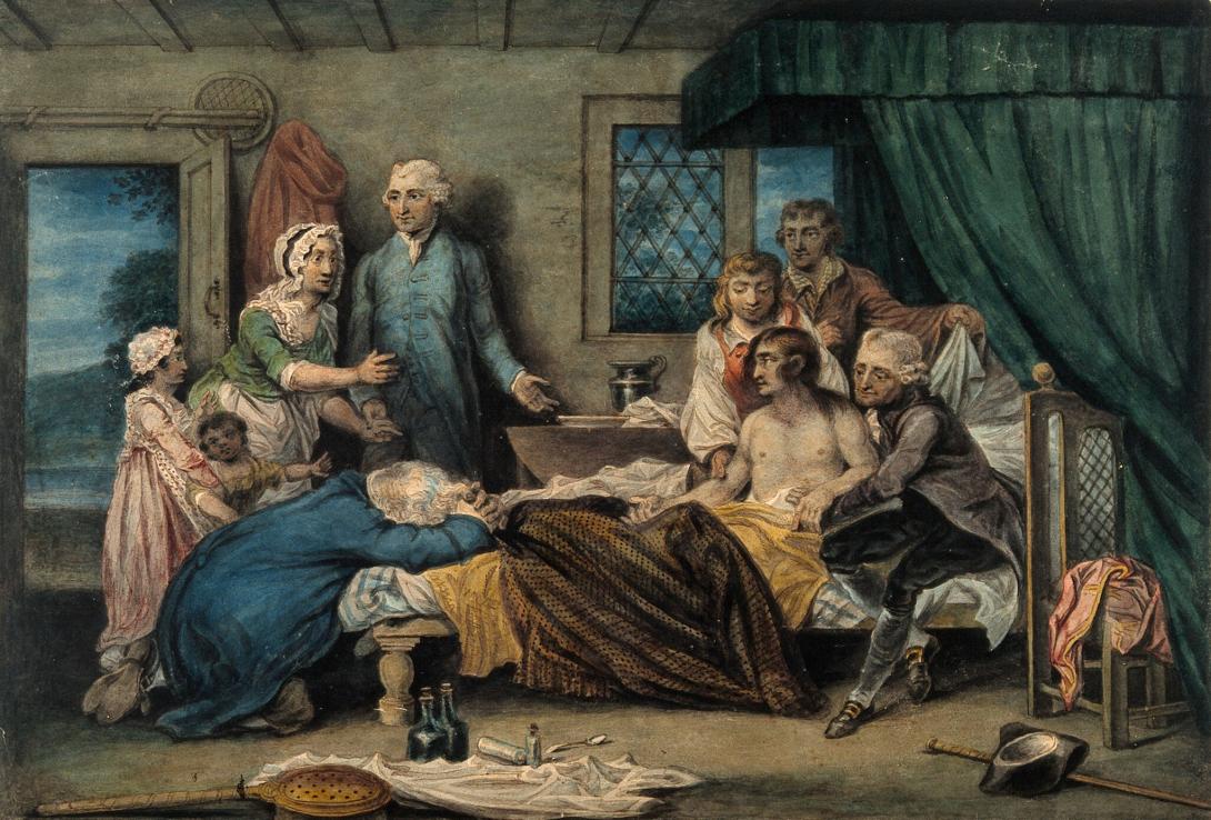 A man recuperating in bed at a receiving-house of the Royal Humane Society, after resuscitation by W. Hawes and J.C. Lettsom from near drowning