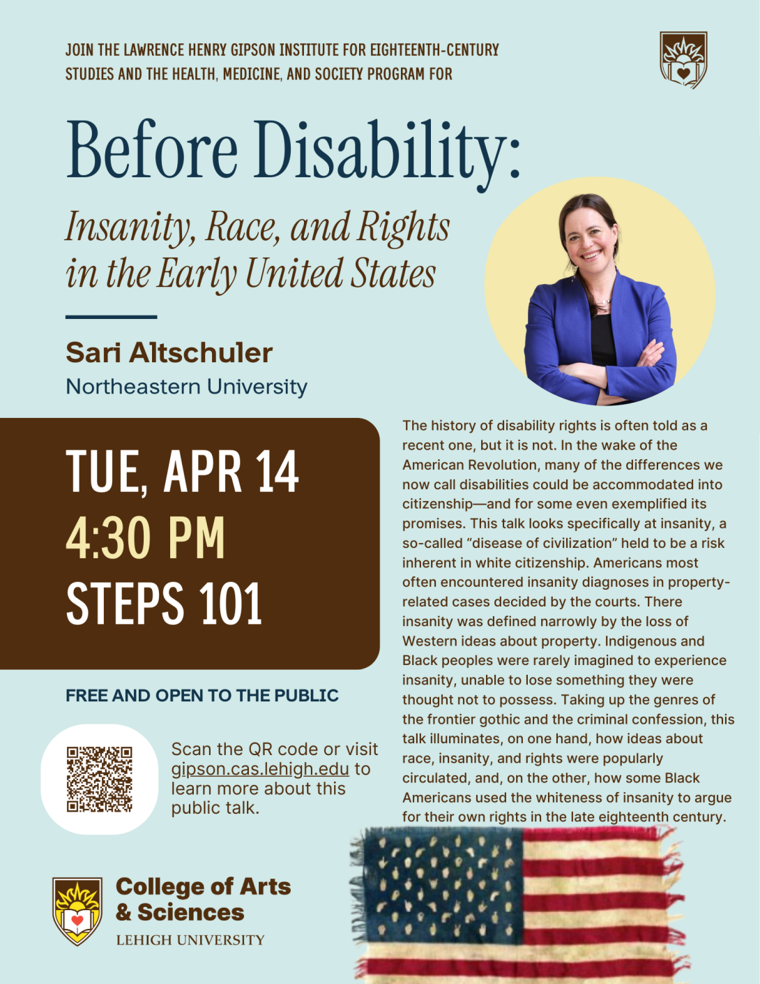 Sari Altschuler Event 2026 Flyer "Before Disability" in dark blue text on a light blue background. In the corner is an American flag with ASL signs as instead of stars.